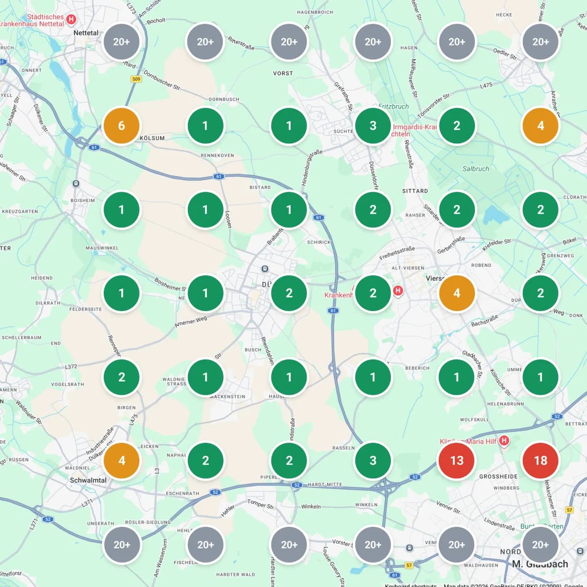 Grid-Messung für Iron Gym auf Google Maps: Platz 1 bis 3 in fast allen Rasterzellen rund um den Standort