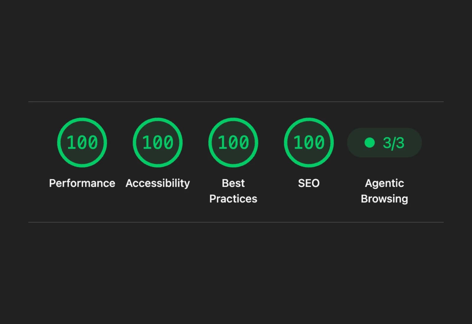 Lighthouse-Messung mit Performance 100, Accessibility 100, Best Practices 100, SEO 100 und Agentic Browsing 3 von 3
