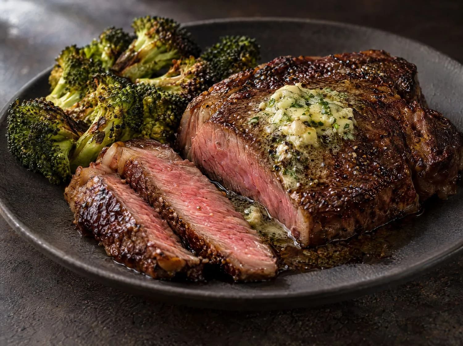 Aufgeschnittenes Steak mit Kräuterbutter und gerösteter Brokkoli auf einem dunklen Teller