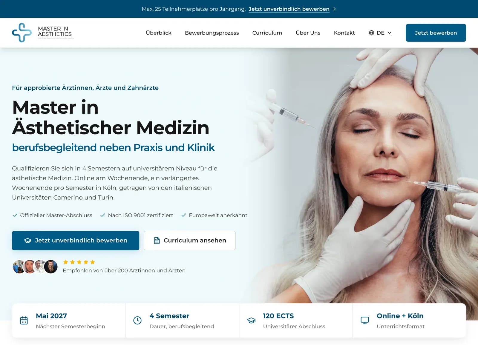 Startbereich der Website von Master in Aesthetics: eine Aussage, ein Knopf