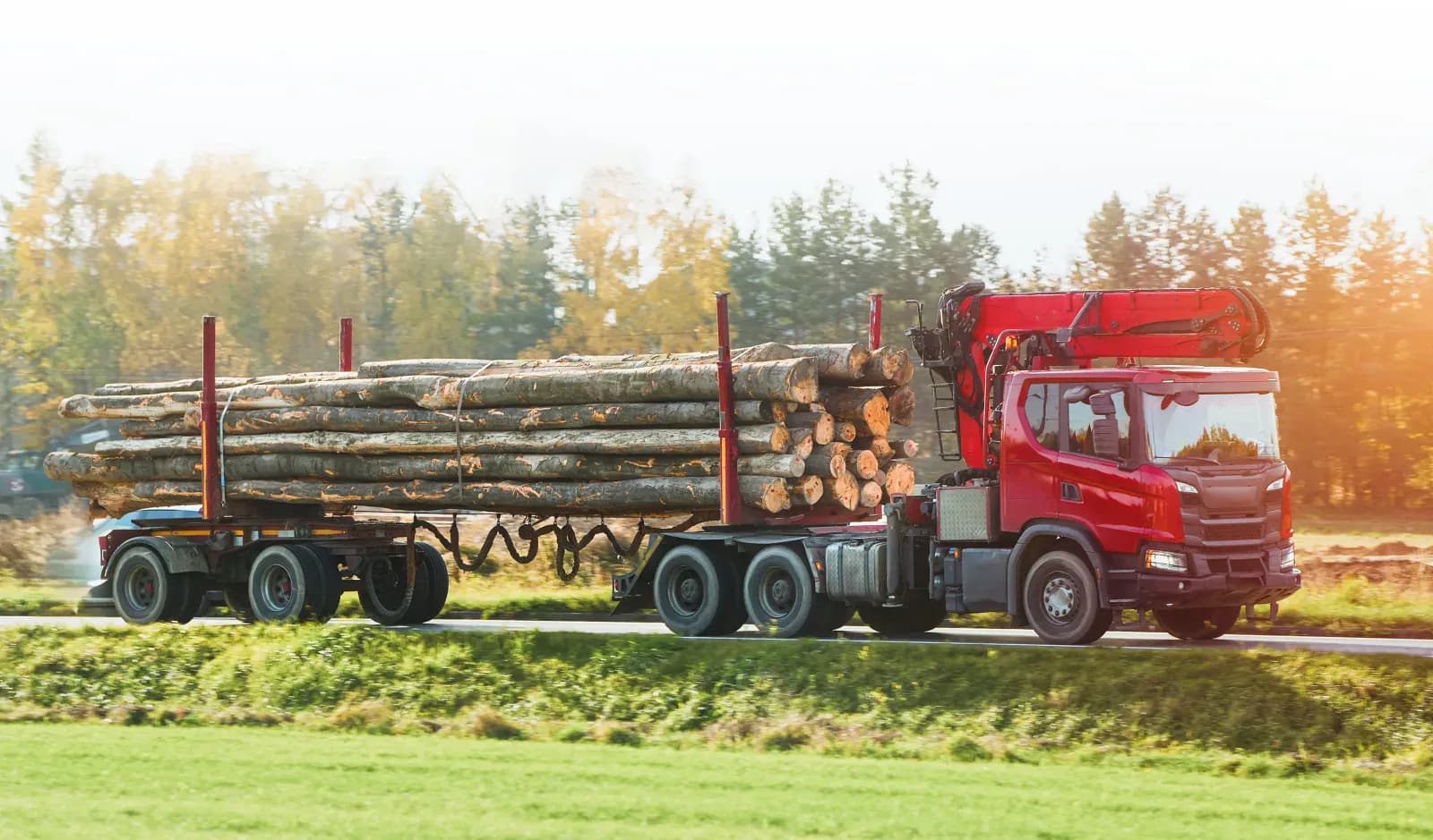 Roter Holz-LKW mit Anhänger voller Baumstämme auf einer Landstraße im Herbst