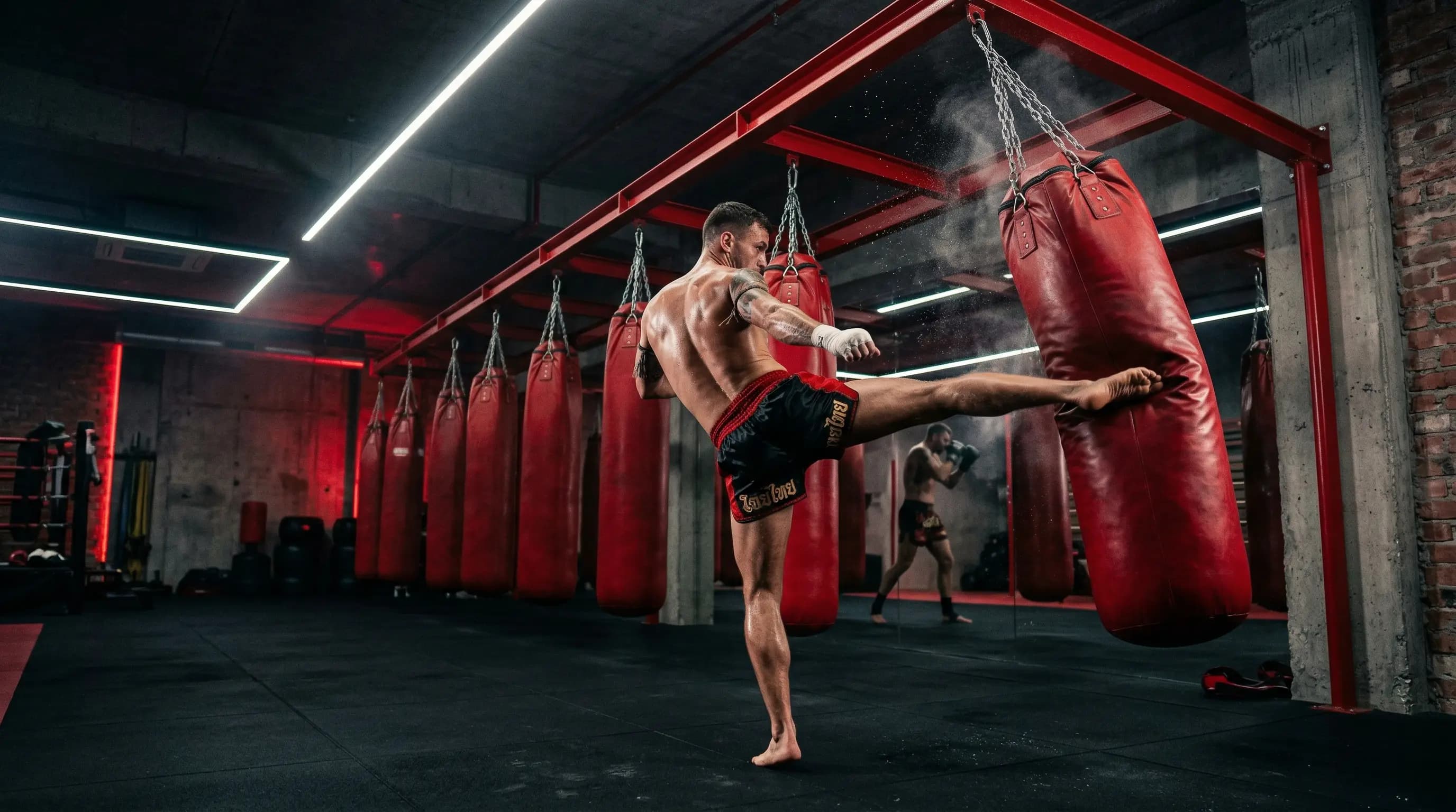 Kickboxer tritt in einem Gym mit roten Boxsäcken gegen einen Sandsack